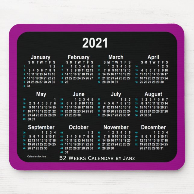Tapis De Souris 2021 Purple Neon Calendrier de 52 semaines par Jan (Devant)
