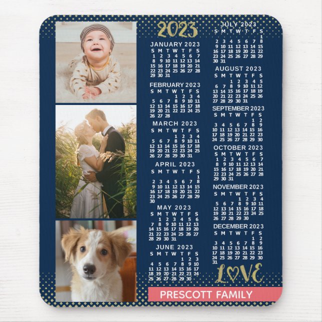 Tapis De Souris 2023 Calendar Navy Coral Gold Family Photo Collage (Devant)