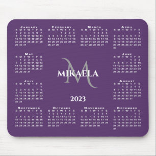 Tapis De Souris 2023 Calendrier Chic Monogram Nom sur Purple