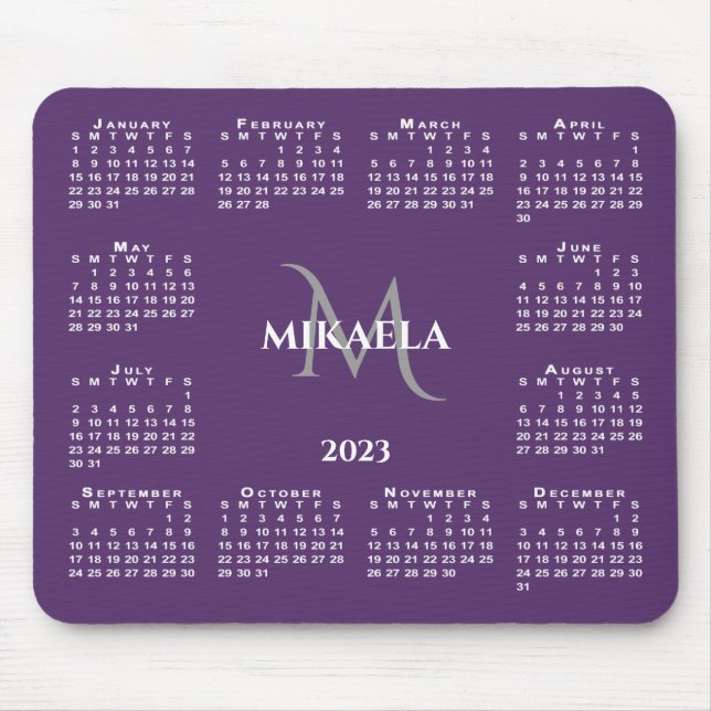 Tapis De Souris 2023 Calendrier Chic Monogram Nom sur Purple (Devant)