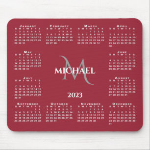 Tapis De Souris 2023 Calendrier Chic Monogramme Nom sur Rouge