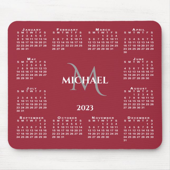 Tapis De Souris 2023 Calendrier Chic Monogramme Nom sur Rouge (Devant)