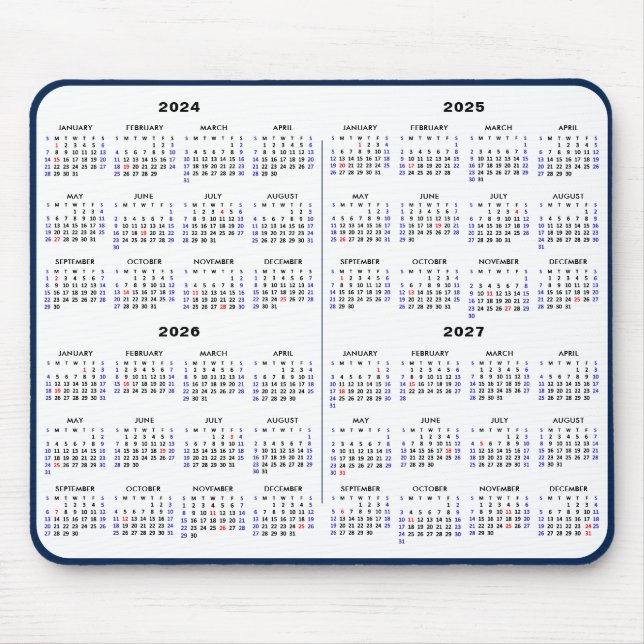 Tapis De Souris 2024 - 2027 Calendrier de 4 ans Simple Blue US Hol (Devant)
