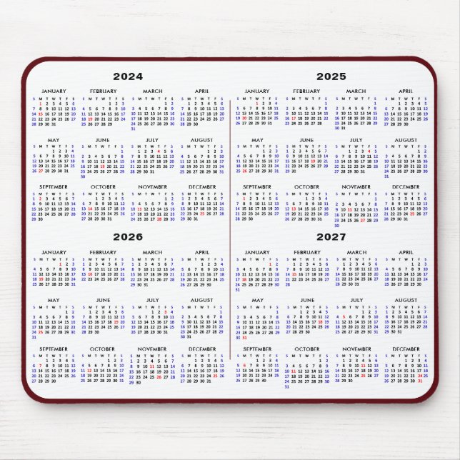 Tapis De Souris 2024-2027 Calendrier de 4 ans Simple Red US Holida (Devant)