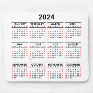 Tapis De Souris 2024 Année En Coup D'Oeil Calendrier Rouge, Noir &