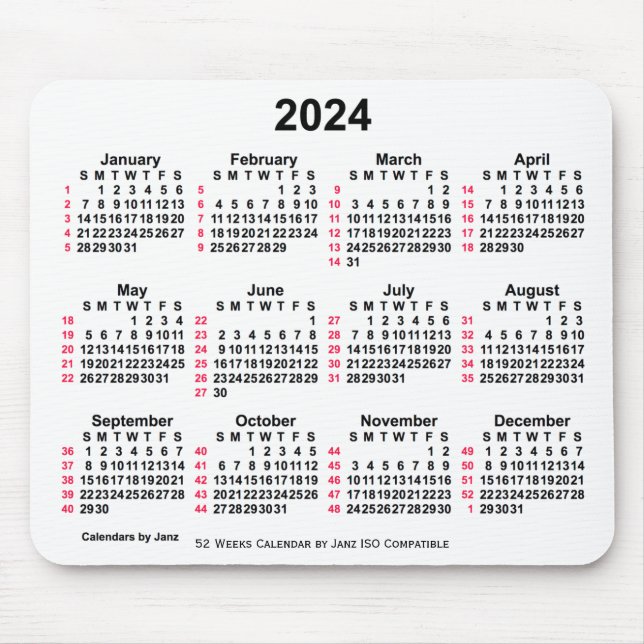 Tapis De Souris 2024 Blanc 52 semaines Calendrier ISO par Janz Mou (Devant)