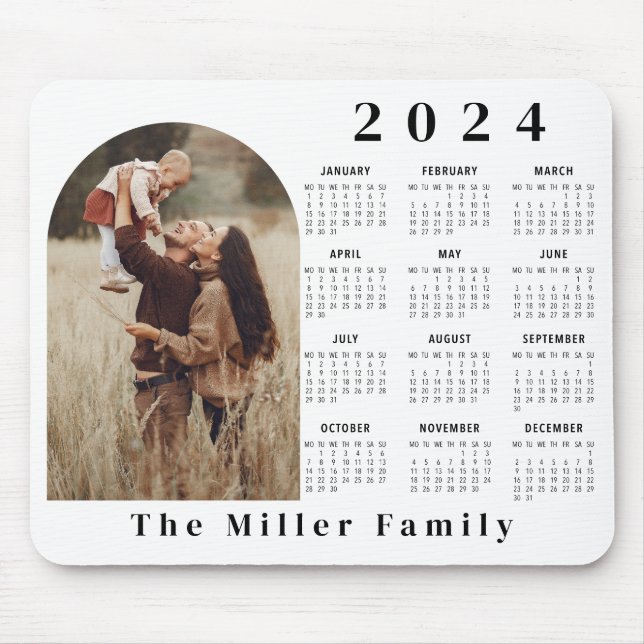 Tapis De Souris 2024 Calendrier boho moderne 1 photo noir blanc (Devant)