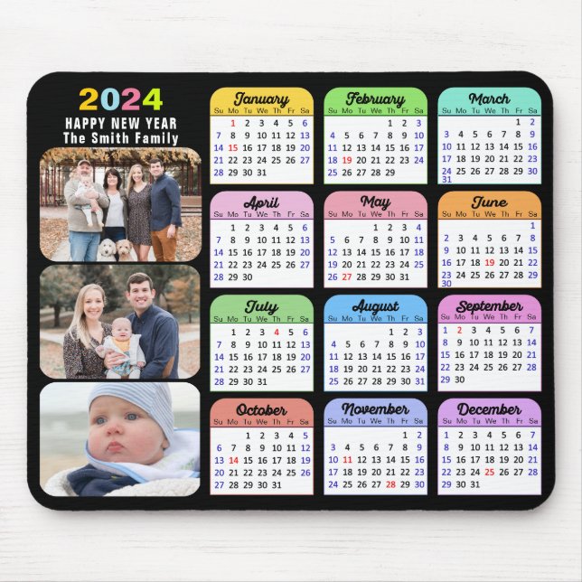Tapis De Souris 2024 Calendrier moderne Famille noire photo coloré (Devant)