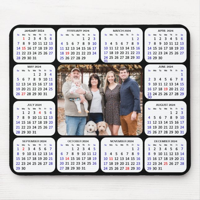 Tapis De Souris 2024 Calendrier Moderne Noir 4 Famille Photo Simpl (Devant)