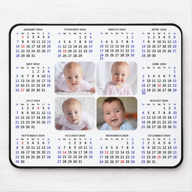 Tapis De Souris 2024 Calendrier Moderne Noir 4 Famille Photo Simpl (Devant)