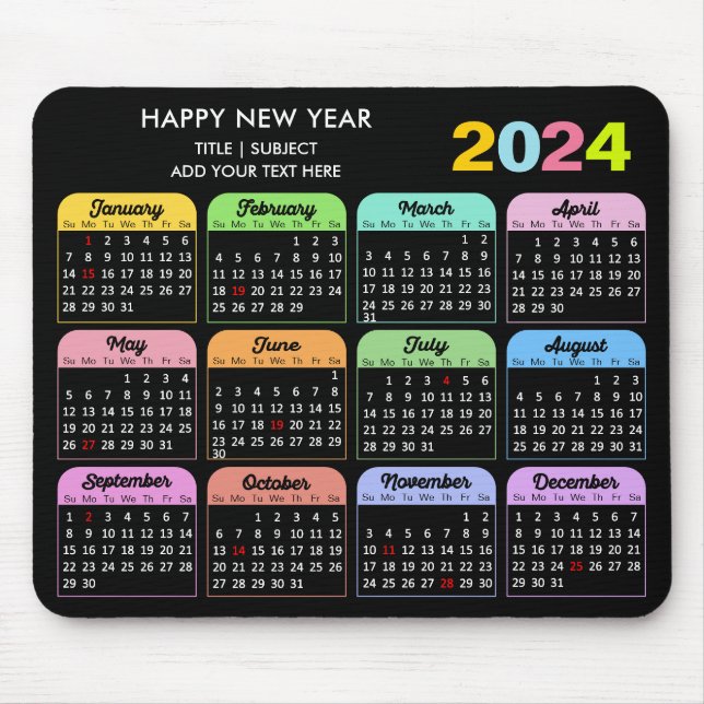 Tapis De Souris 2024 Calendrier Moderne Noir Texte Personnalisé Co (Devant)