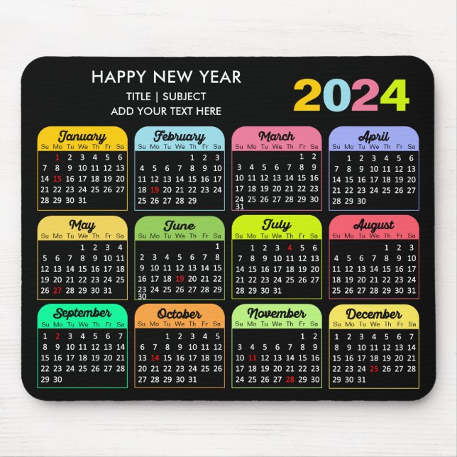 Tapis De Souris 2024 Calendrier Moderne Noir Texte Personnalisé Co (Devant)