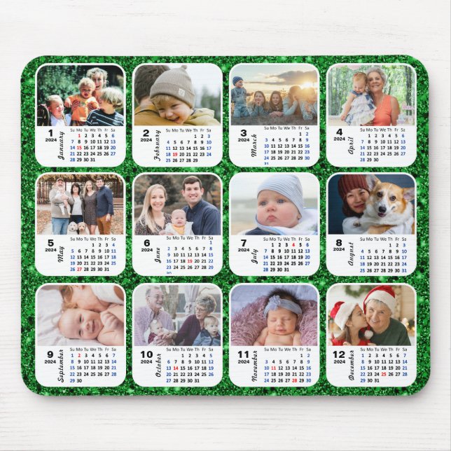 Tapis De Souris 2024 Calendrier Parties scintillant verte Famille  (Devant)