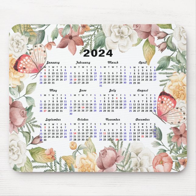 Tapis De Souris 2024 Calendrier Rose Floral Vert Papillon rose (Devant)