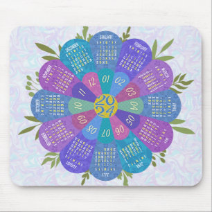 Tapis De Souris 2024 Calendrier Unique Arrondi Boho Purple Flower