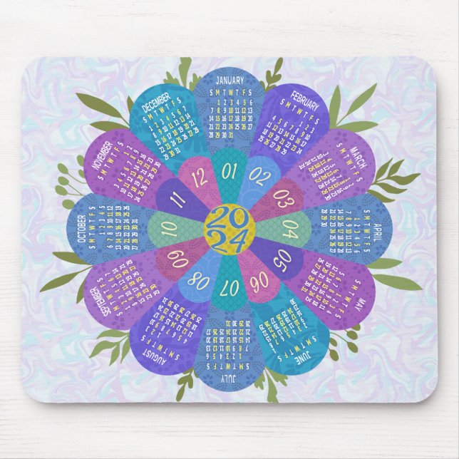 Tapis De Souris 2024 Calendrier Unique Arrondi Boho Purple Flower (Devant)