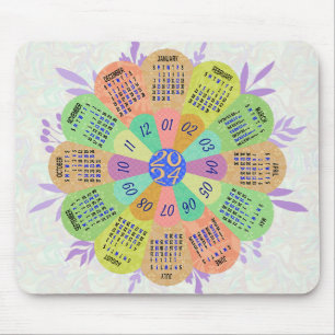 Tapis De Souris 2024 Calendrier Unique Arrondi Boho Retro Flower