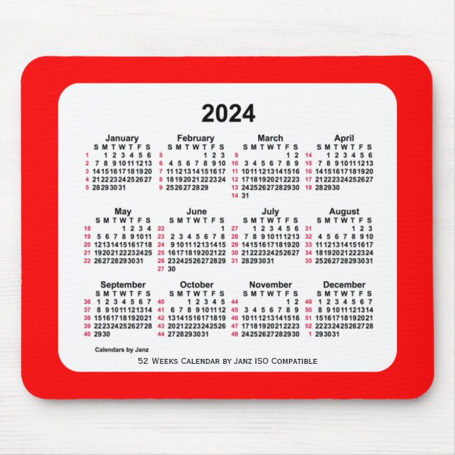 Tapis De Souris 2024 Rouge 52 semaines Calendrier ISO par Janz Two (Devant)