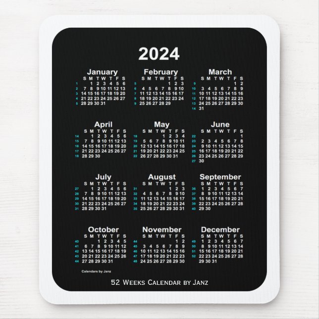 Tapis De Souris 2024 White Neon Calendrier 52 semaines par Janz (Devant)