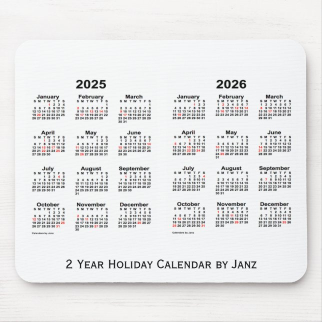 Tapis De Souris 2025-2026 White 2 Year Holiday Calendar par Janz (Devant)