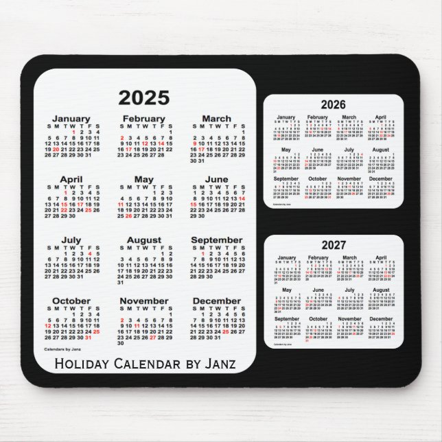 Tapis De Souris 2025-2027 Noir Calendrier des fêtes de 3 ans par J (Devant)