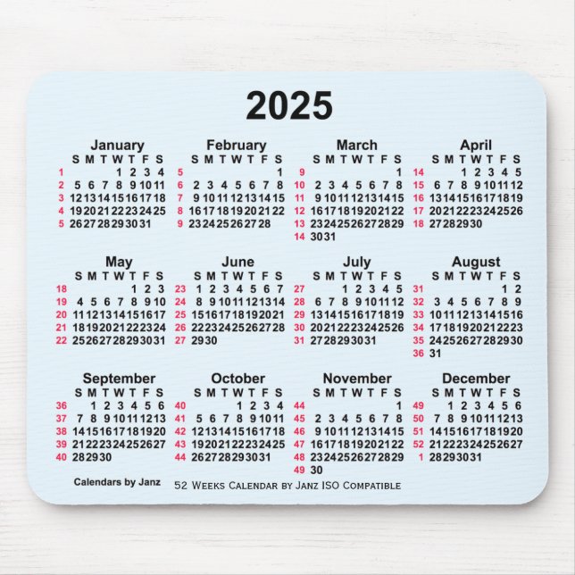 Tapis De Souris 2025 Alice Blue 52 semaines Calendrier ISO par Jan (Devant)