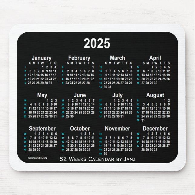 Tapis De Souris 2025 Black Neon 52 semaines Calendrier par Janz (Devant)