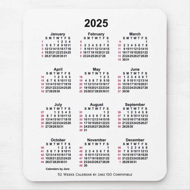 Tapis De Souris 2025 Blanc 52 semaines Calendrier ISO par Janz (Devant)