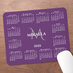 Tapis De Souris 2025 Calendrier Chic Monogram Nom sur Purple