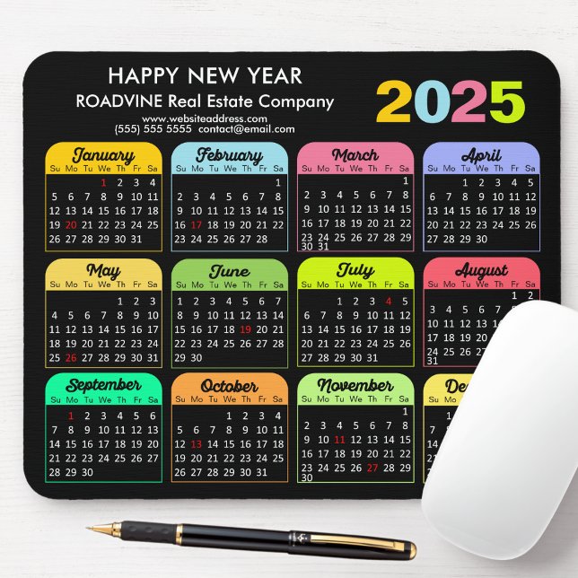 Tapis De Souris 2025 Calendrier Moderne Black US Holidays Entrepri (Créateur téléchargé)