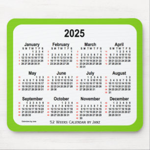 Tapis De Souris 2025 Jaune Vert 52 Semaines Calendrier par Janz