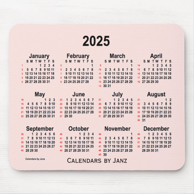 Tapis De Souris 2025 Misty Rose 52 Weeks Calendrier par Janz (Devant)