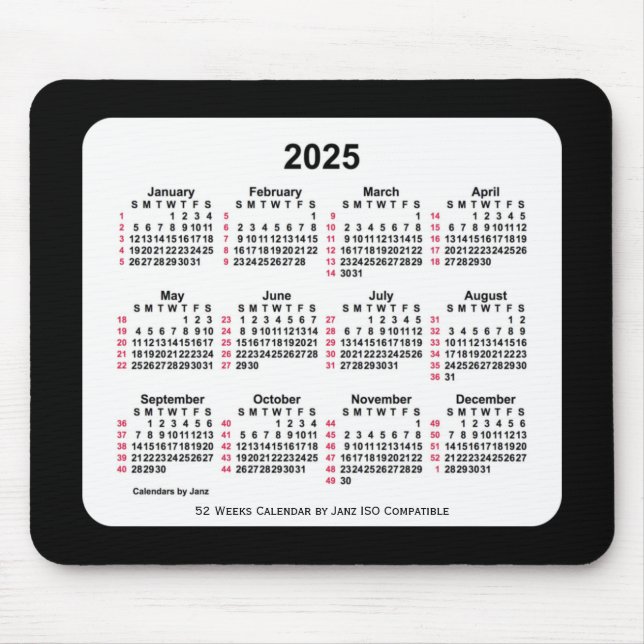 Tapis De Souris 2025 Noir 52 semaines Calendrier ISO par Janz Two  (Devant)