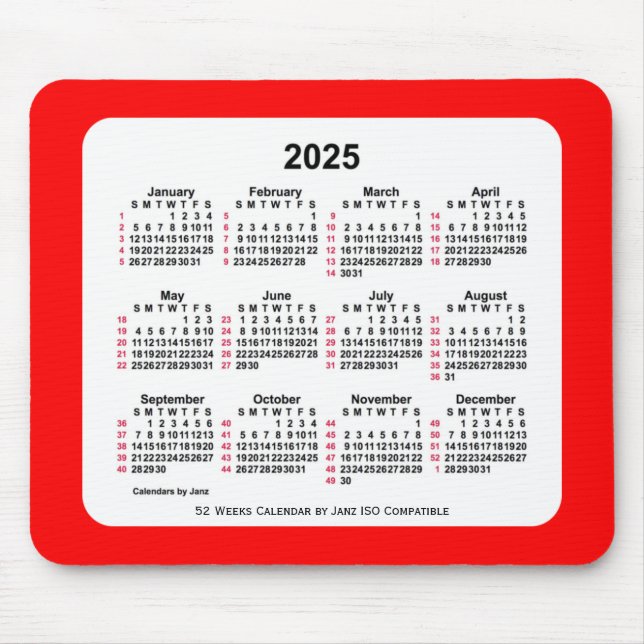 Tapis De Souris 2025 Rouge 52 semaines Calendrier ISO par Janz Two (Devant)