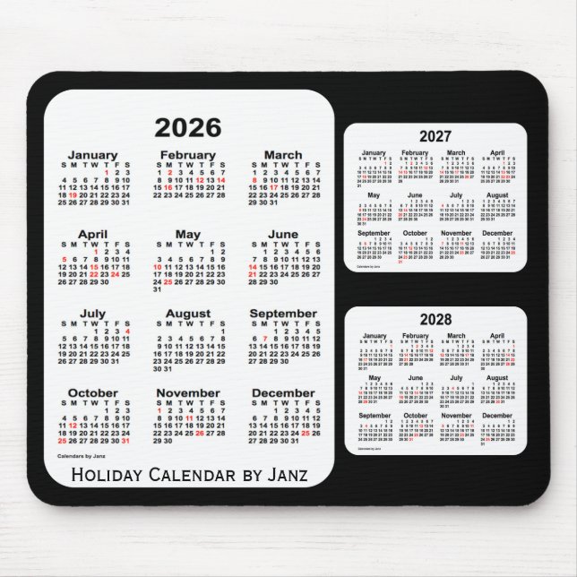 Tapis De Souris 2026-2028 Noir Calendrier des fêtes de 3 ans par J (Devant)