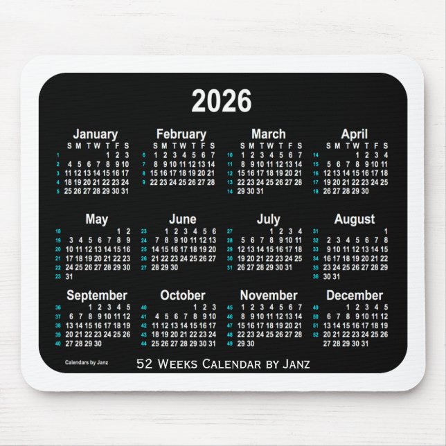 Tapis De Souris 2026 Black Neon 52 semaines Calendrier par Janz (Devant)