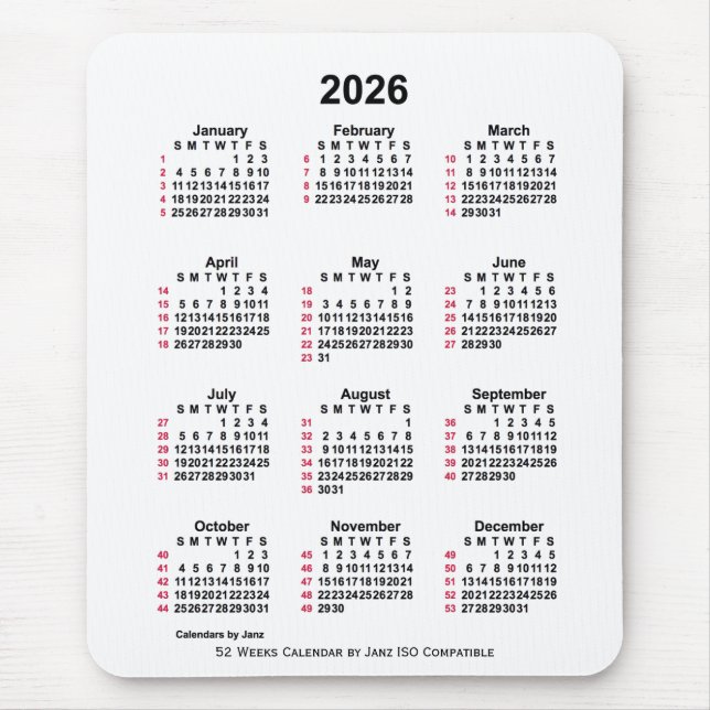 Tapis De Souris 2026 Blanc 52 semaines Calendrier ISO par Janz (Devant)