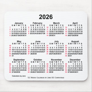 Tapis De Souris 2026 Blanc 52 semaines Calendrier ISO par Janz