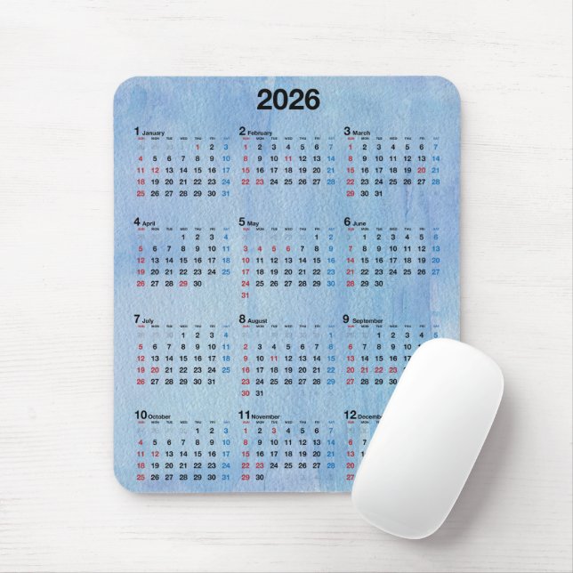 Tapis De Souris 2026 Calendar Blue Watercolor Abstract (Avec souris)