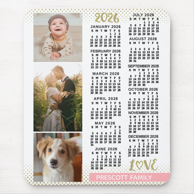 Tapis De Souris 2026 Calendar Blush Pink Gold Family Photo Collage (Devant)
