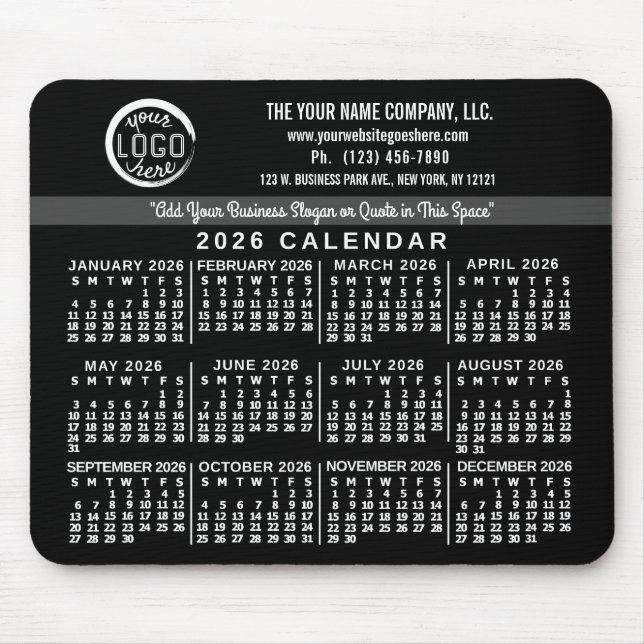 Tapis De Souris 2026 Calendar Custom Business Logo Name Easy Black (Devant)
