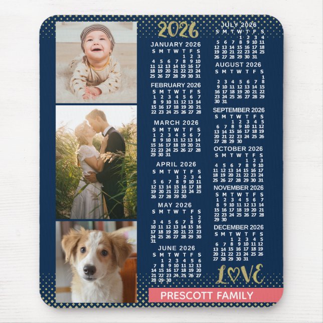 Tapis De Souris 2026 Calendar Navy Coral Gold Family Photo Collage (Devant)