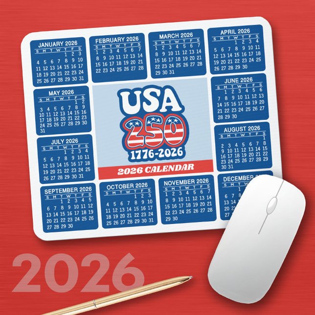 Tapis De Souris 2026 Calendar - USA 250 Red White Blue (2026 Calendar on a Mousepad)