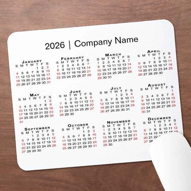 Tapis De Souris 2026 Calendar with Company Name on White (2026 Calendar with Company Name on White Mouse Pad, in situ)