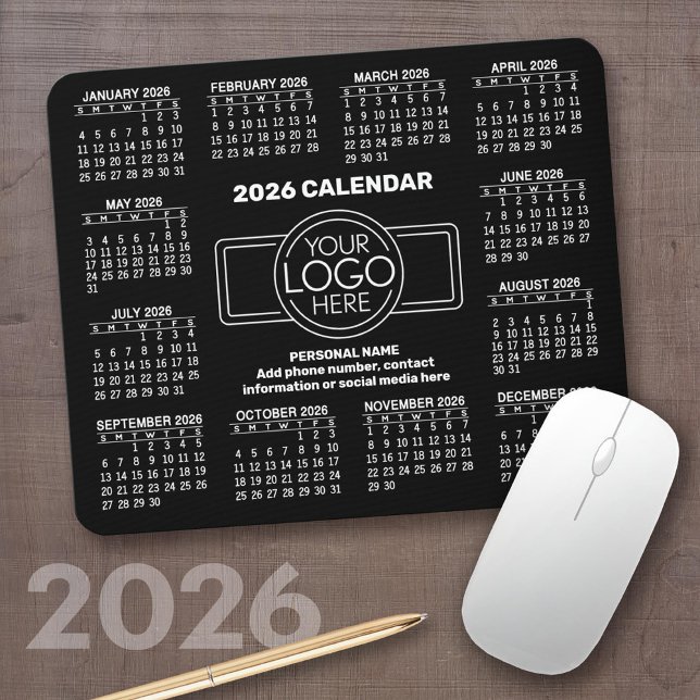 Tapis De Souris 2026 Calendar with logo, Contact Information Black (2026 Calendar on a Mousepad)
