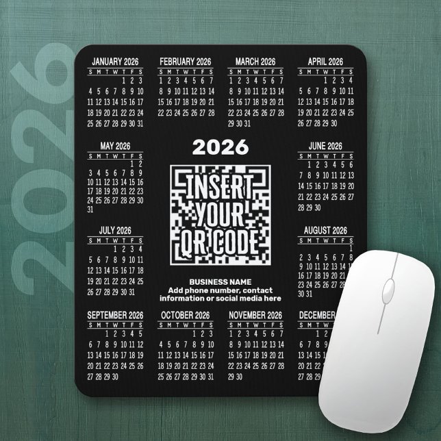 Tapis De Souris 2026 Calendar with QR Code Contact Info Black (2026 Calendar on a Mousepad)