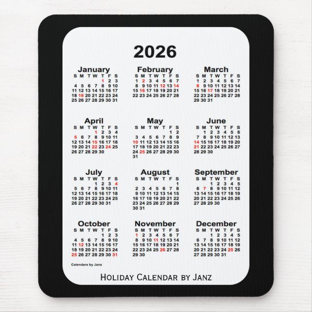 Tapis De Souris 2026 Holiday Two Tone Black Calendar par Janz (Devant)