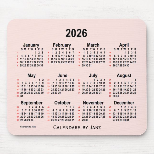 Tapis De Souris 2026 Misty Rose 52 Weeks Calendrier par Janz (Devant)