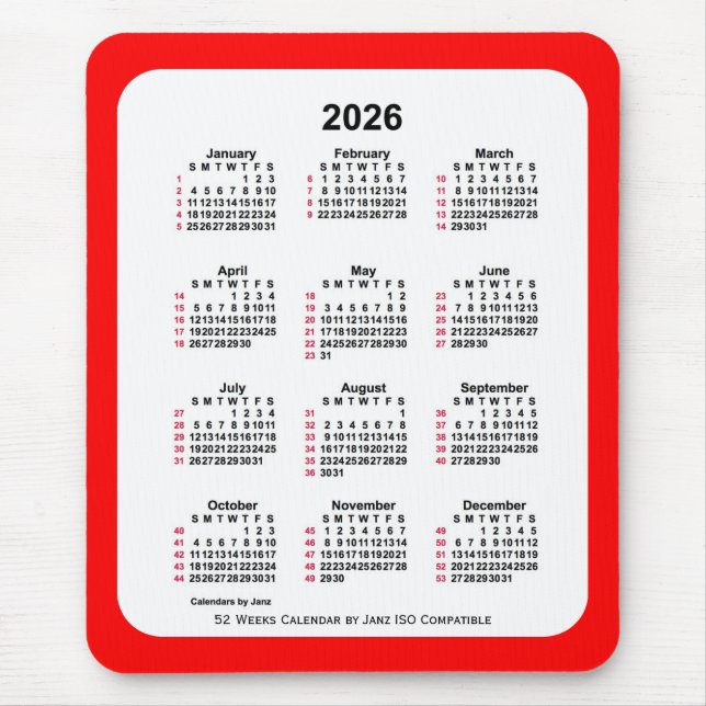 Tapis De Souris 2026 Rouge 52 Semaines ISO Calendrier par Janz Two (Devant)