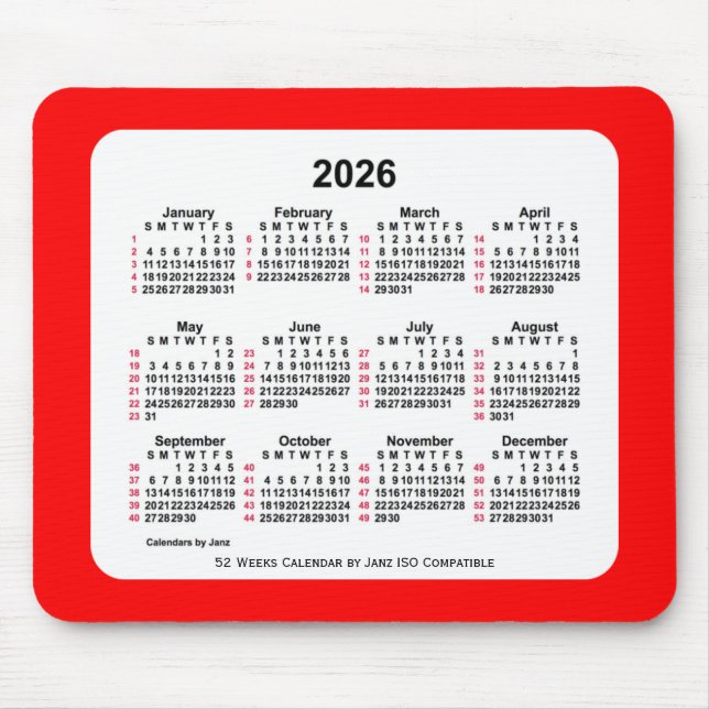 Tapis De Souris 2026 Rouge 52 Semaines ISO Calendrier par Janz Two (Devant)